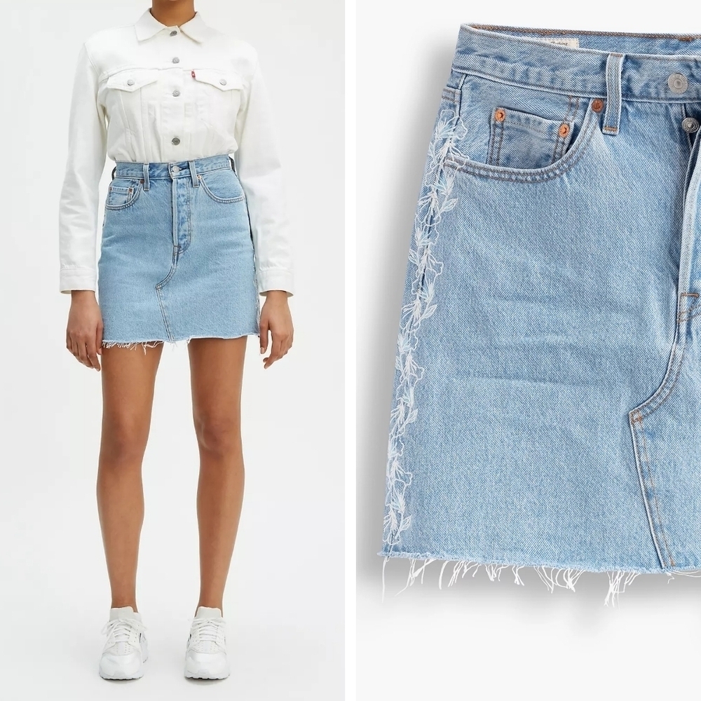 Levis High Rise Deconstructed skirt embroidered blue jean mini size 26 NEW NWT